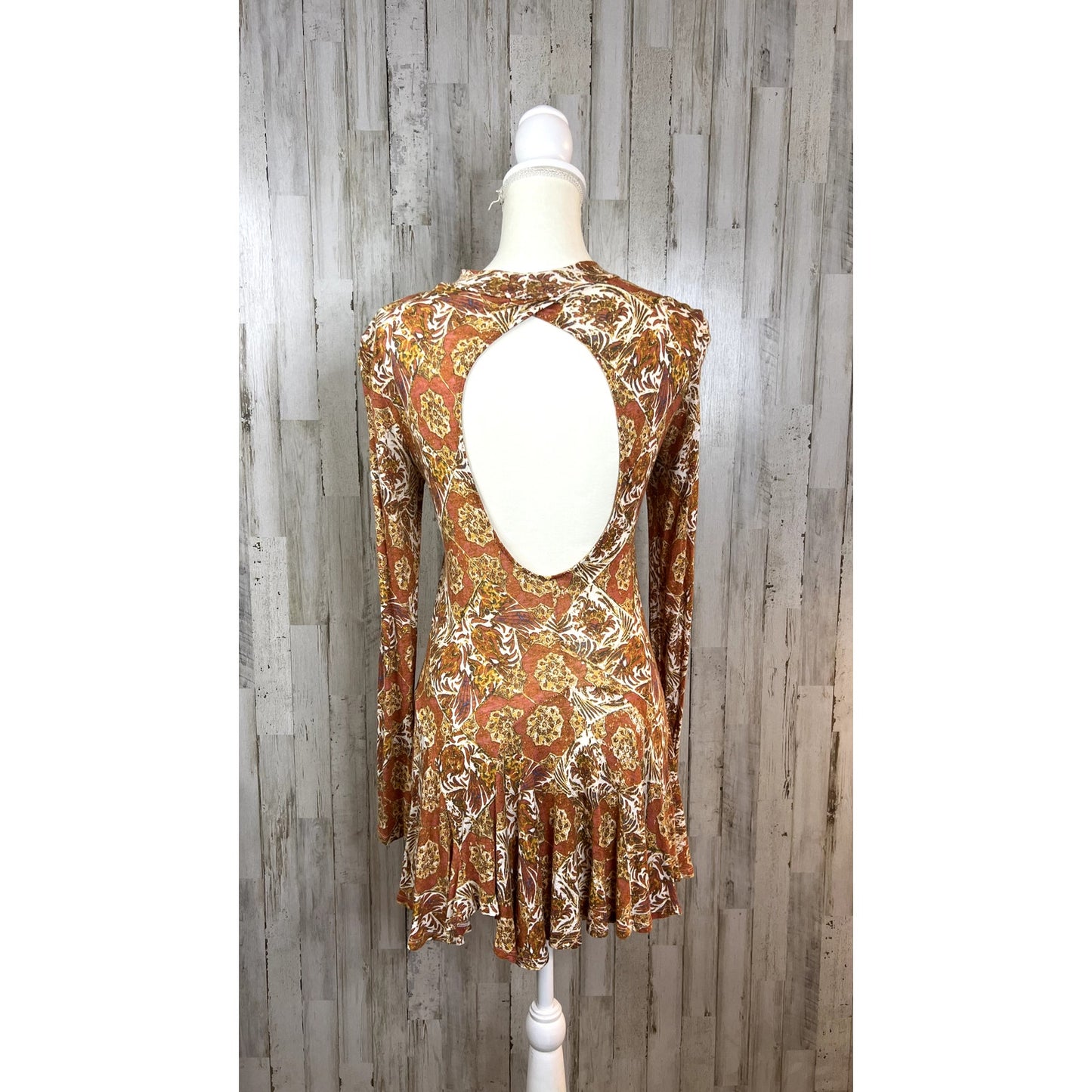 Free People Annabelle Tunic XS Rust Paisley Mock Neck Long Sleeve Peplum Hem