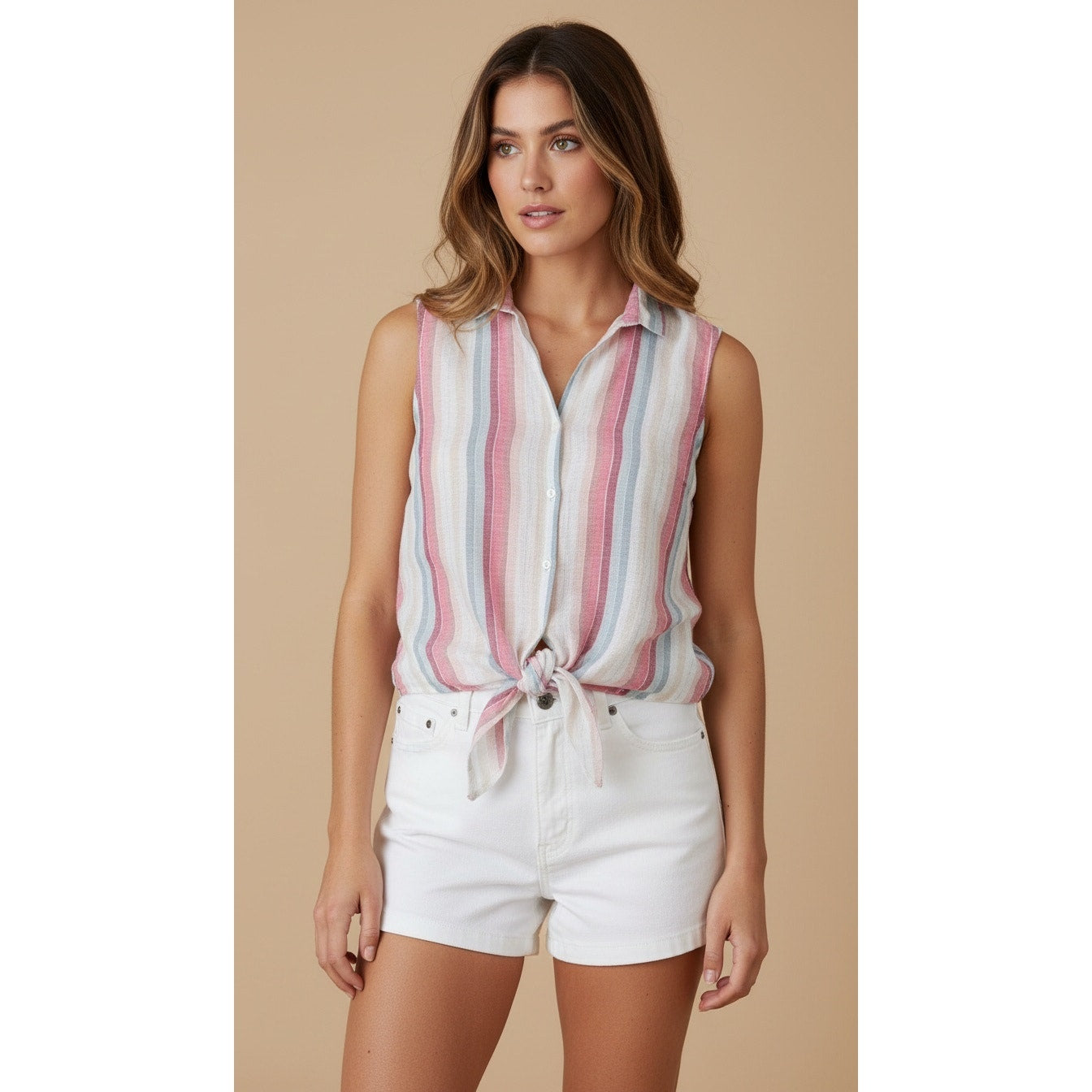 Beach Lunch Lounge Top Womens Large Multicolor Striped Sleeveless Button-Up