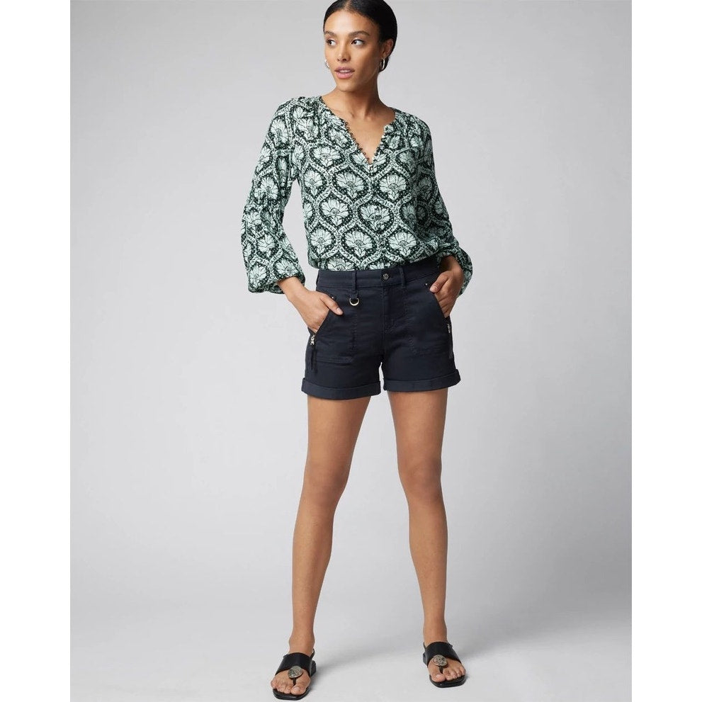 White House Black Market Women's Medium Green Geometric V-Neck Blouse