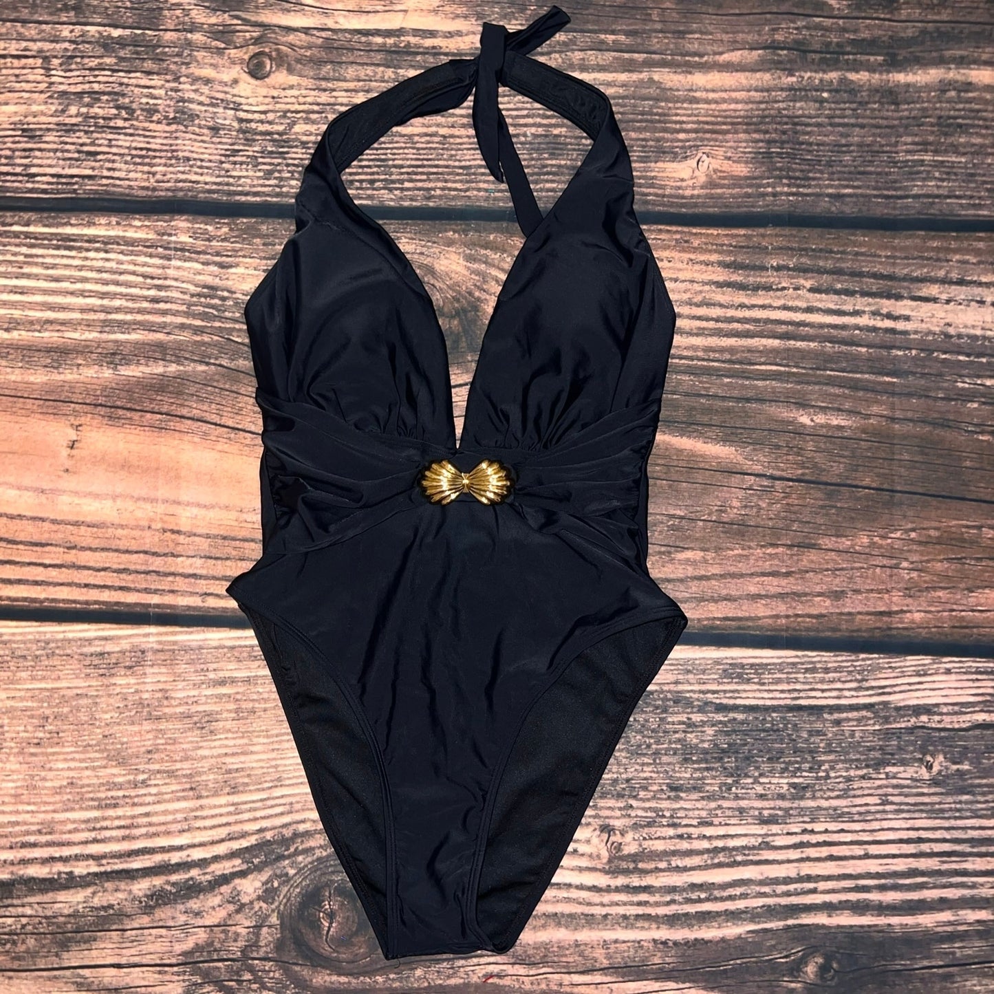 NWT Cupshe x JoJo Rico Plunging One-Piece Swimsuit Gold Shell Detail Size Medium