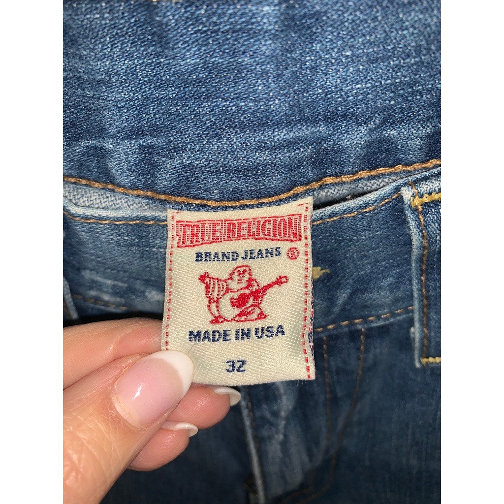 True Religion Men's Blue Straight Jeans Size 34 Distressed Flap Pockets