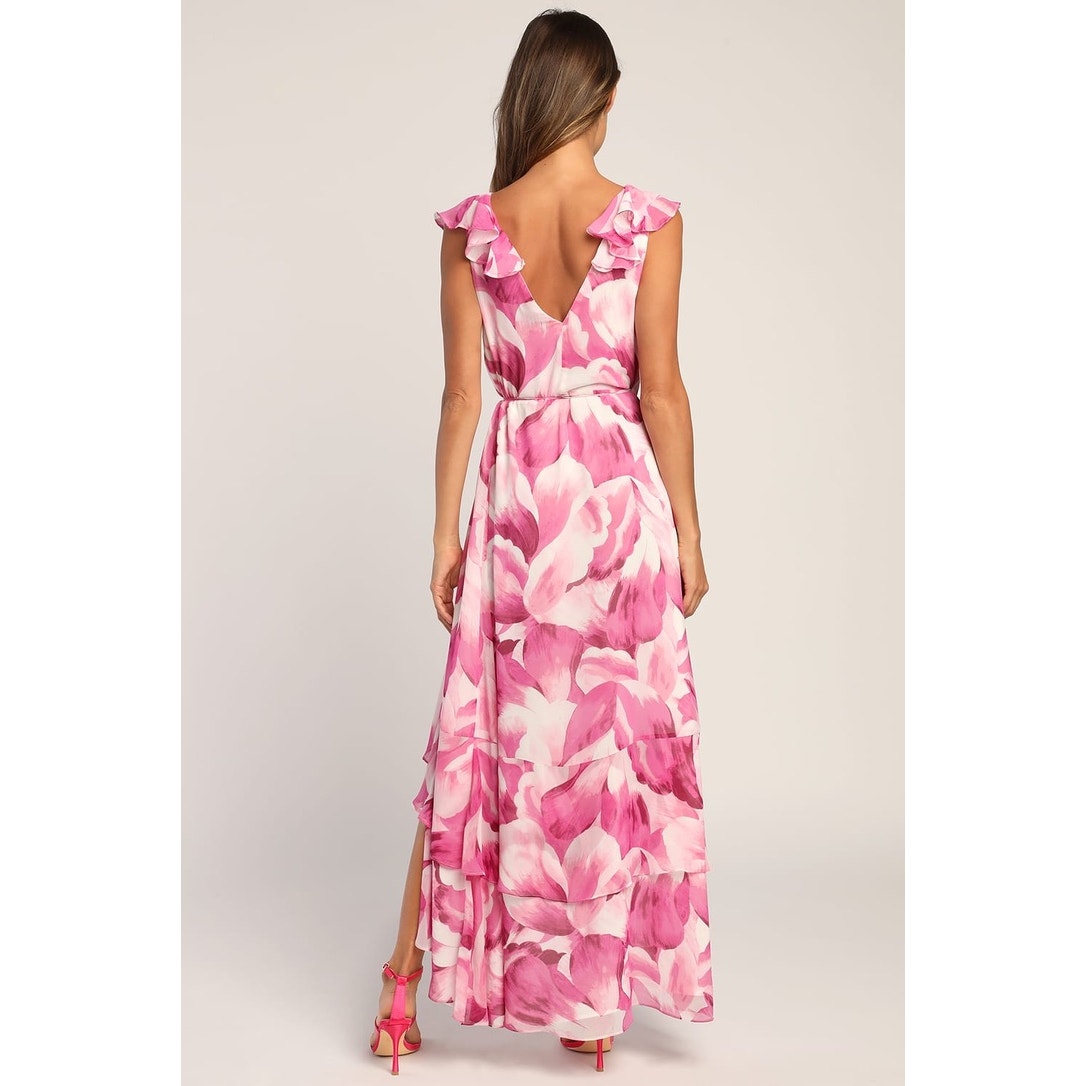 Lulus Women's XL Elevate the Occasion Pink Floral Ruffled Wrap High-Low Dress