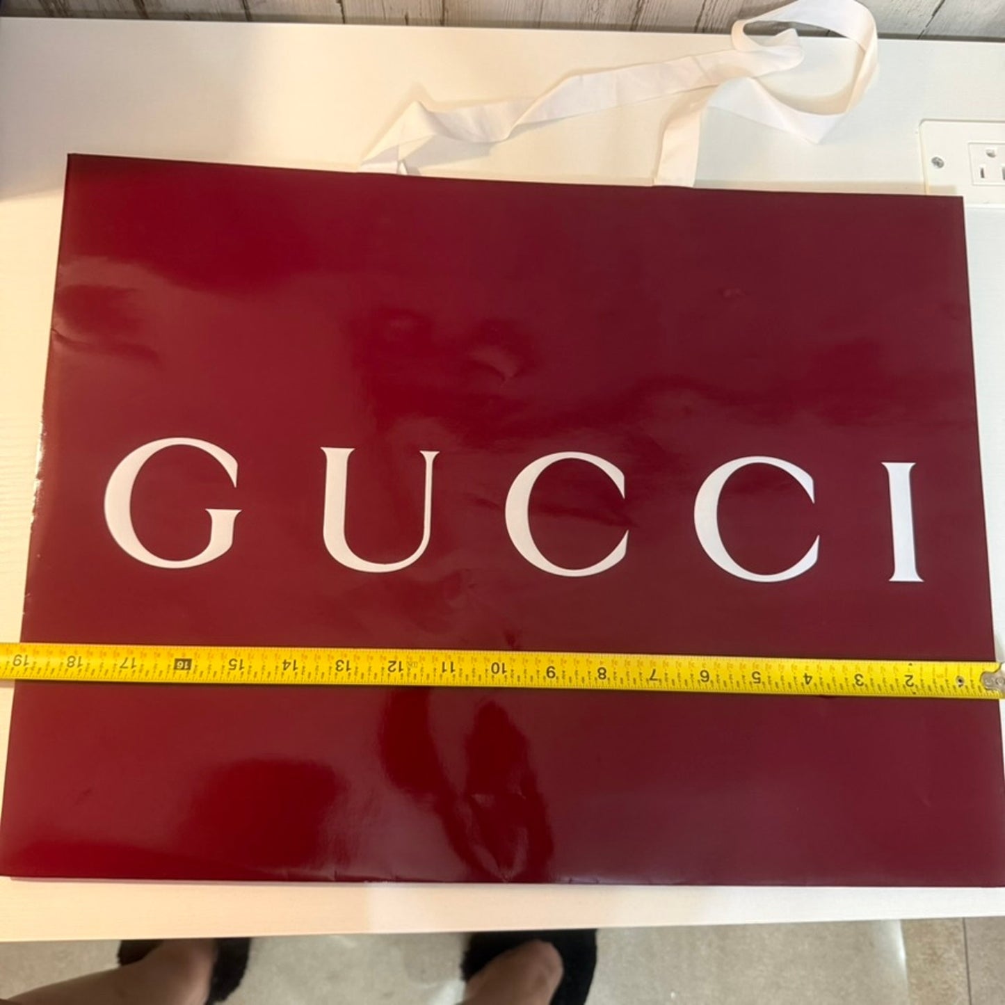 Gucci Burgundy Glossy Shopping Bag White Logo Ribbon Handles Large Tote
