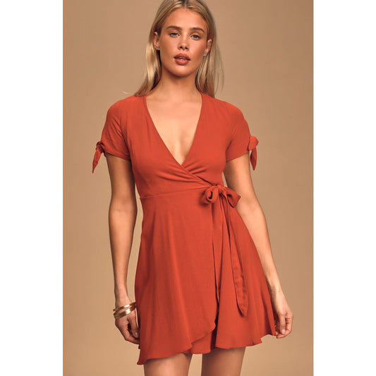 Lulus Women's XL Rust Orange Short Sleeve V-Neck Summer Short Dress Wrap Dress