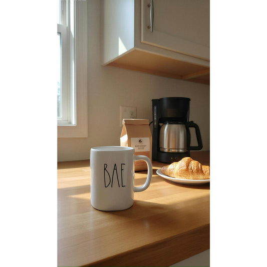 Rae Dunn BAE Coffee Mug White Black Lettering Artisan