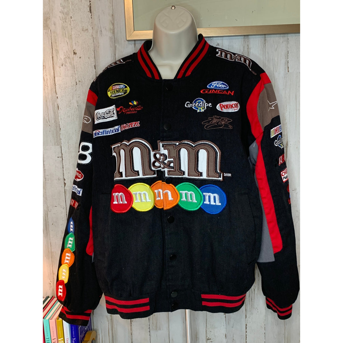 JH Design M&M's NASCAR Racing Varsity Jacket Mens Large Black Snap Front