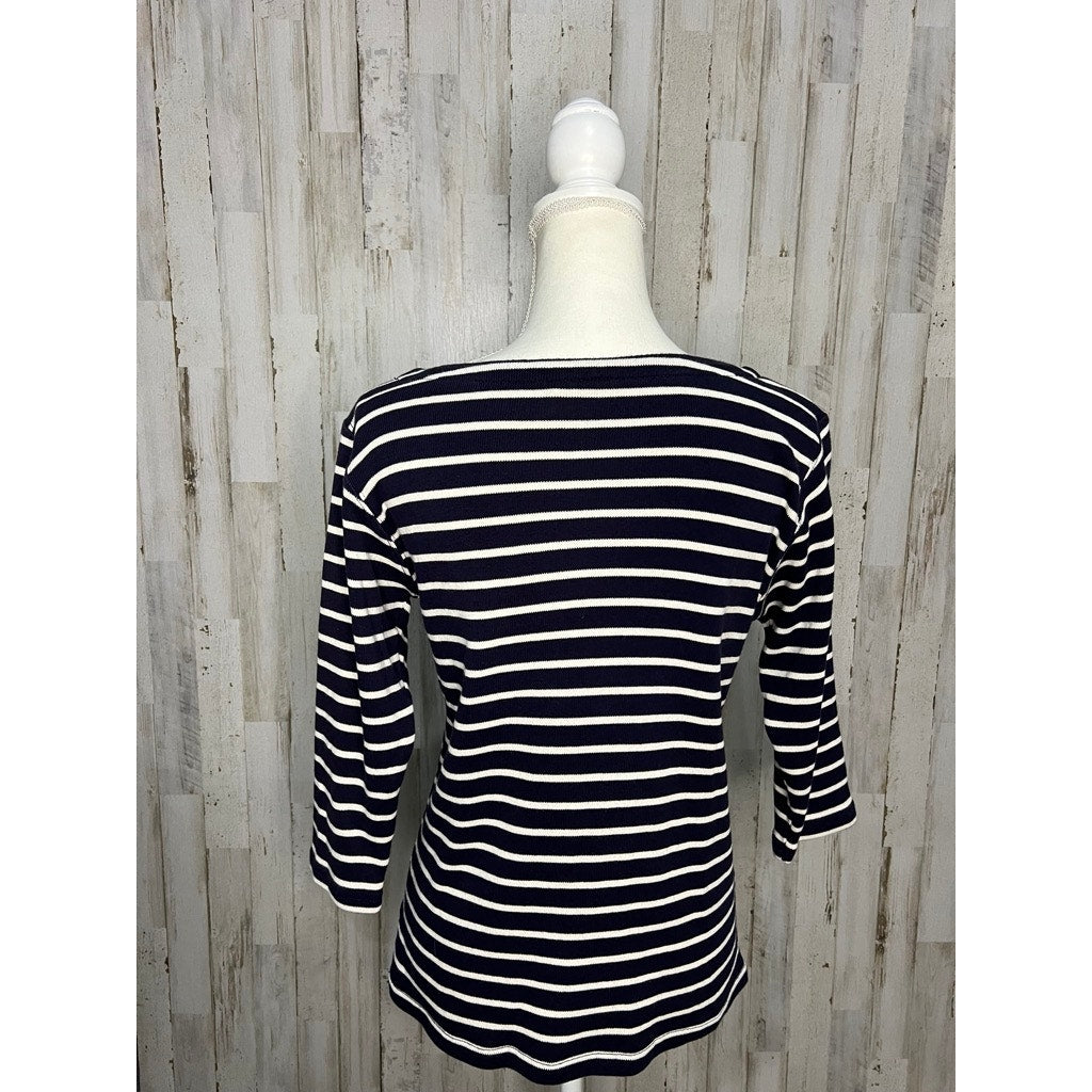 L.L.Bean Women's Medium Navy/White Striped 3/4 Sleeve Boat Neck Blouse