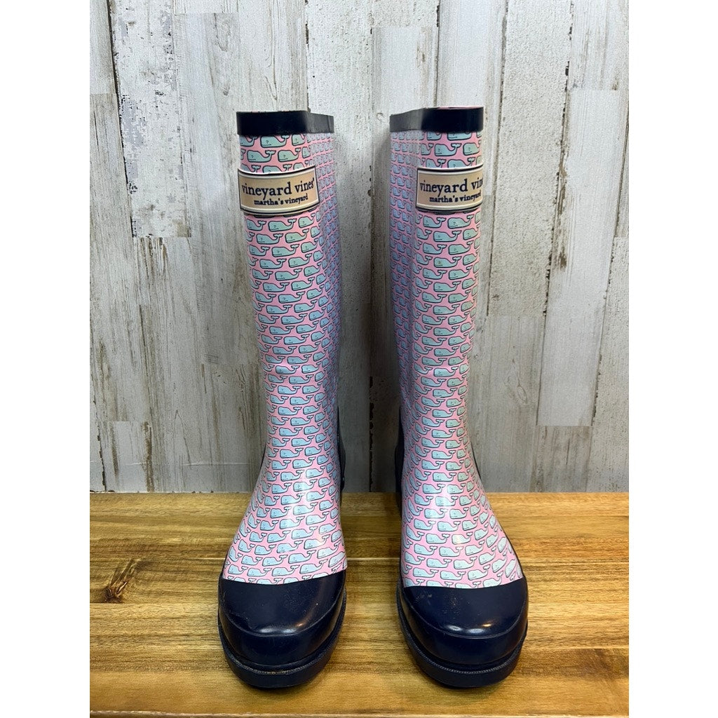 Vineyard Vines Women's Whalies Rain Boots Blue Pink Size 7 Waterproof Durable