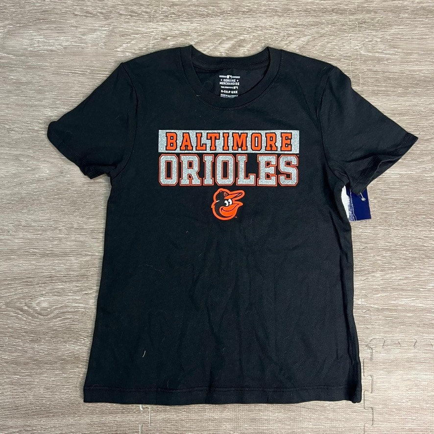 NWT Baltimore Orioles Girls Small Glitter Black Graphic Short Sleeve T-Shirt