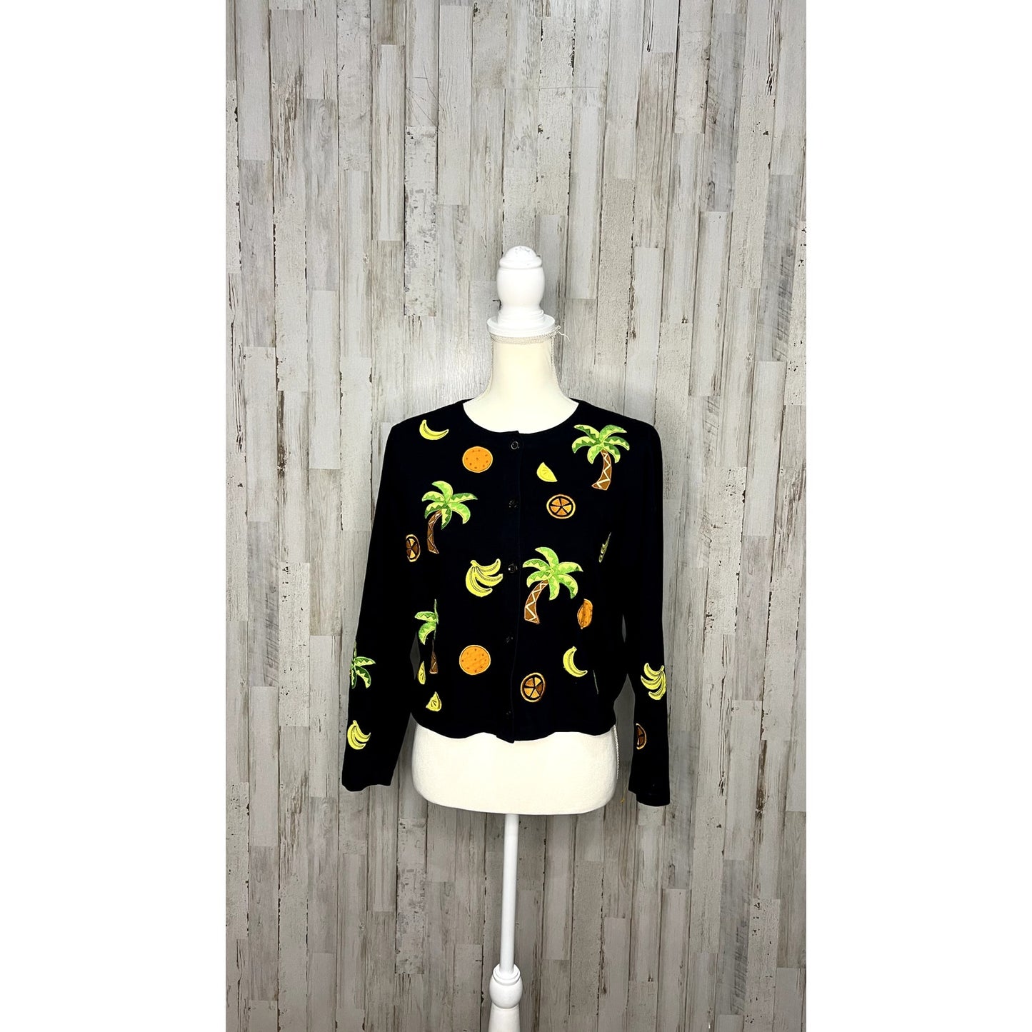 Vintage Emma Tricot Embroidered Beach Themed Cardigan Black Women's Small