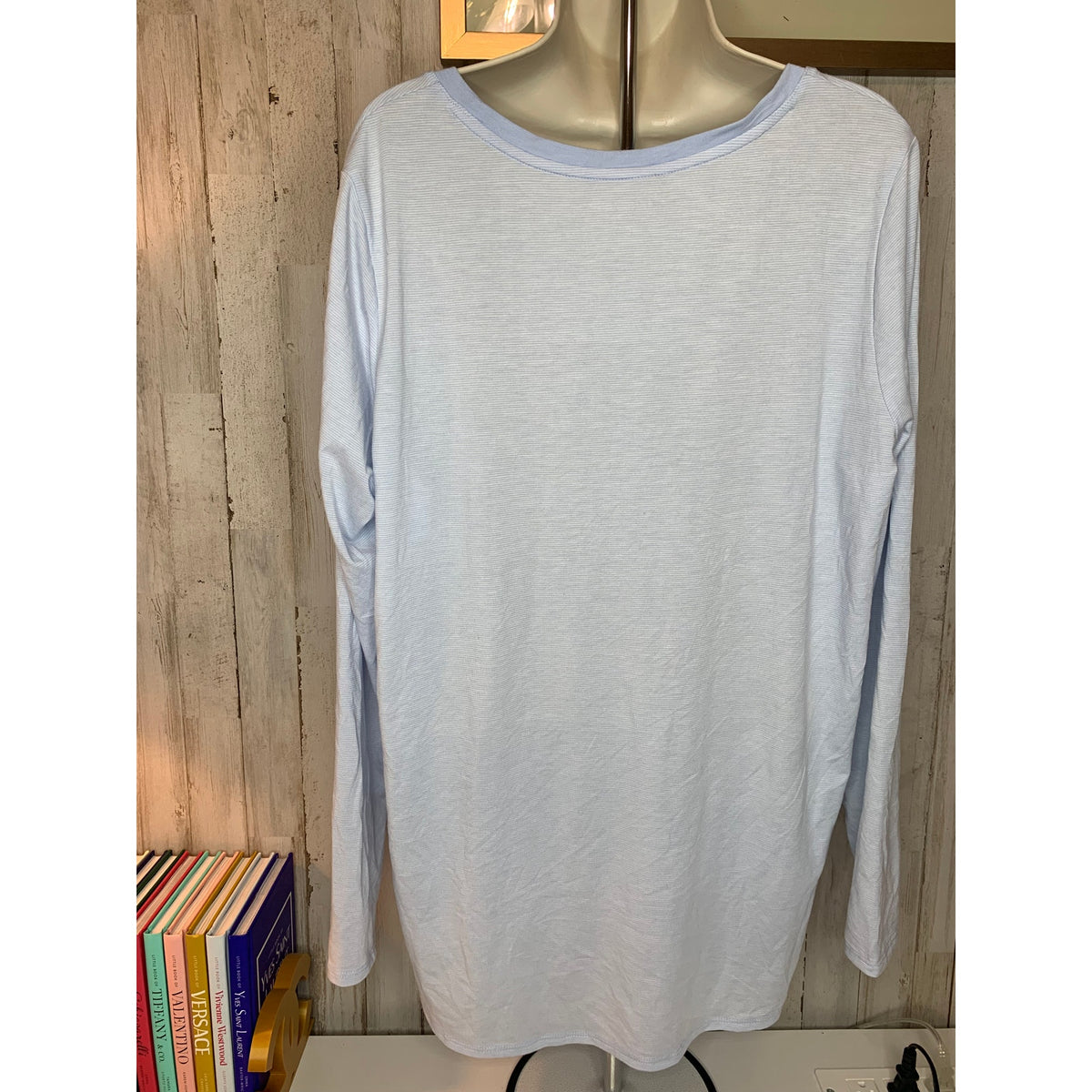 Land’s End Womens Plus 1XL Light Blue Striped Long Sleeve Scoop Neck Tee