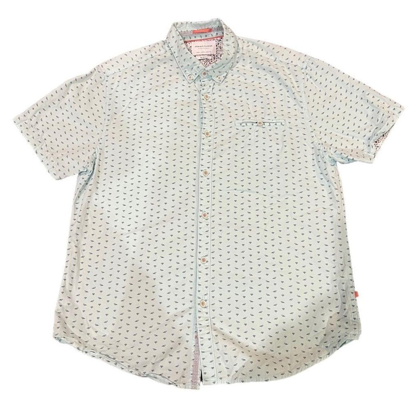 Denim & Flower Men's Slim Fit Button-Up Shirt Light Blue Fish Print Size Large