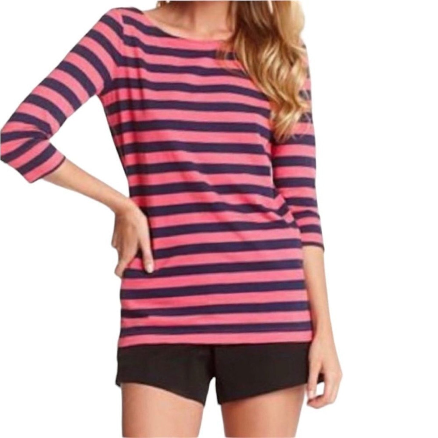 Lilly Pulitzer Top Womens XS Pink Navy Striped Boat Neck 3/4 Sleeve