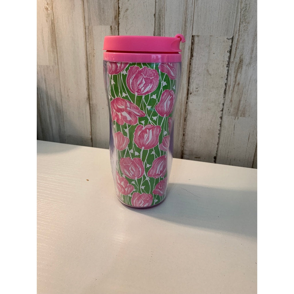 Lilly Pulitzer Travel Tumbler Cup Floral Monogram K Pink Lid 16 oz