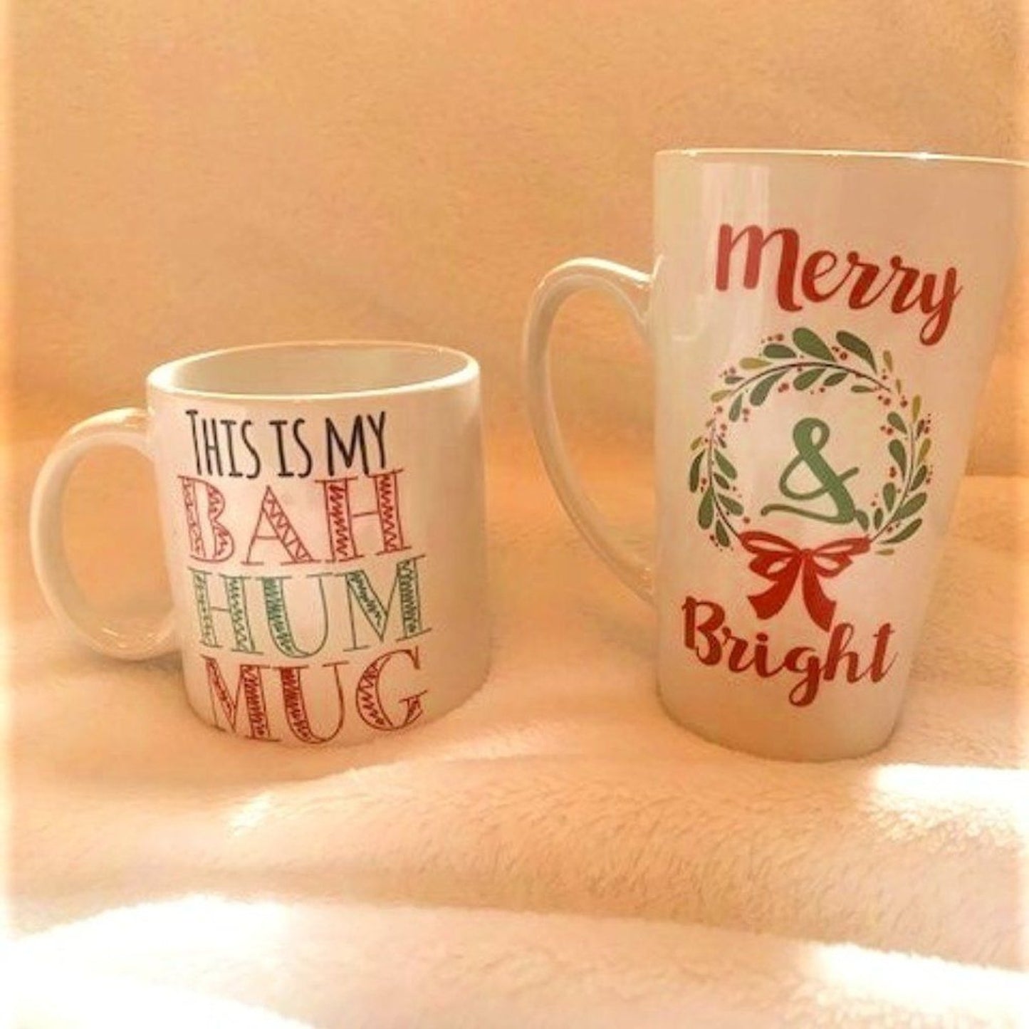 Caribou Coffee Christmas Mug Set of 2  "Bah Hum Mug" & "Merry & Bright"