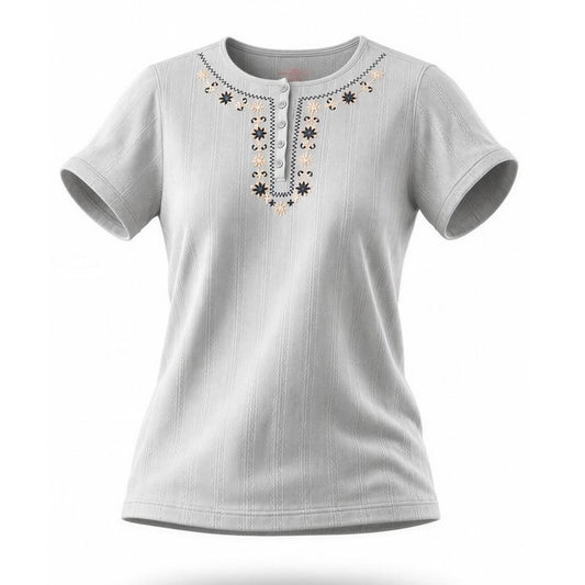 Woman Within Tunic Top Womens Large Light Blue Floral Embroidered Short Sleeve