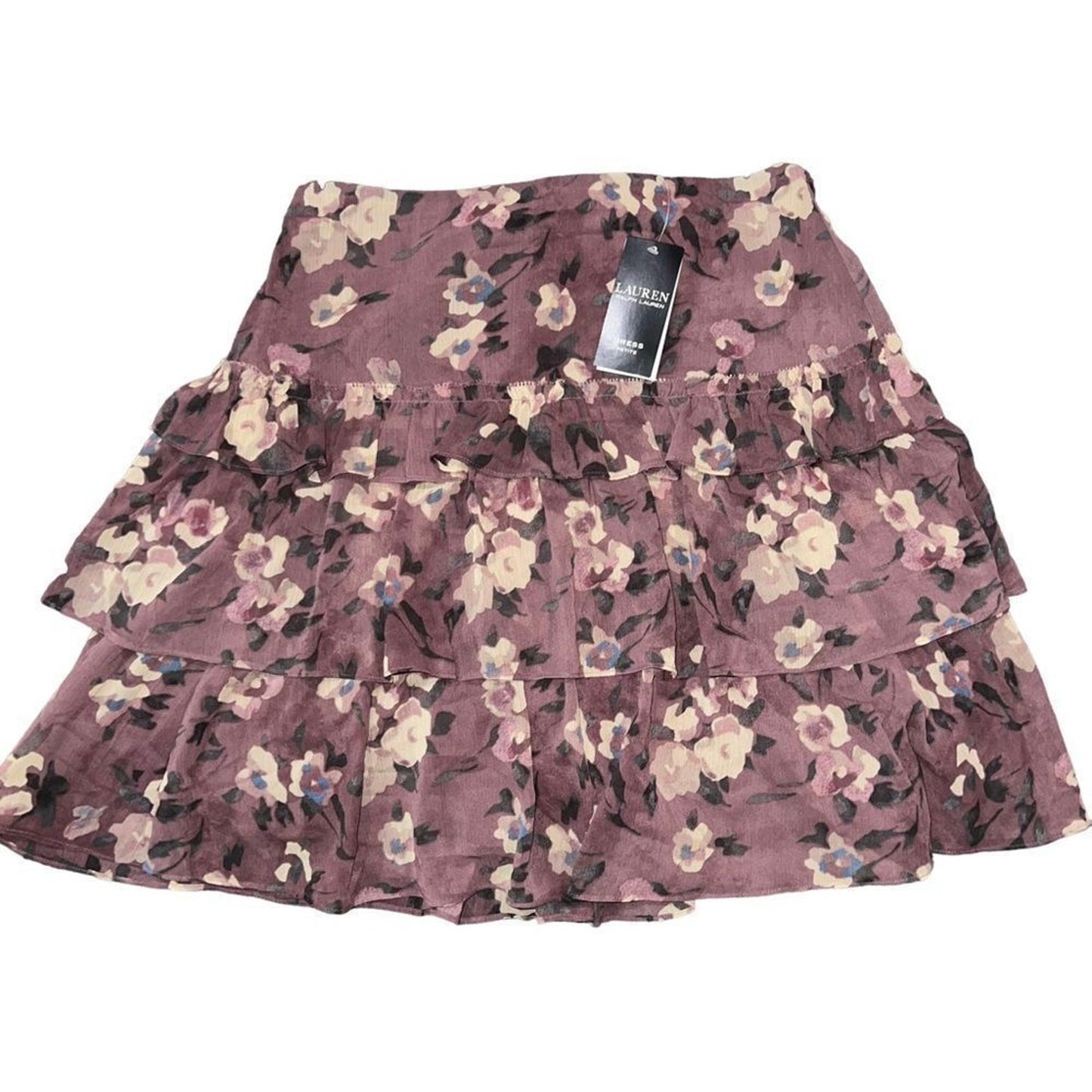 NWT Lauren Ralph Lauren Skirt Womens Petite 4P Purple Floral Tiered Ruffle