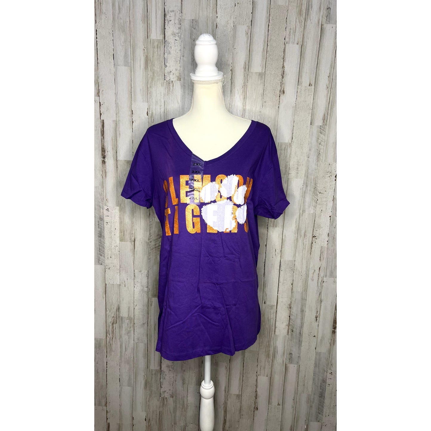 NWT Clemson Tigers Women's XXL Purple/Orange Sparkle V-Neck T-Shirt