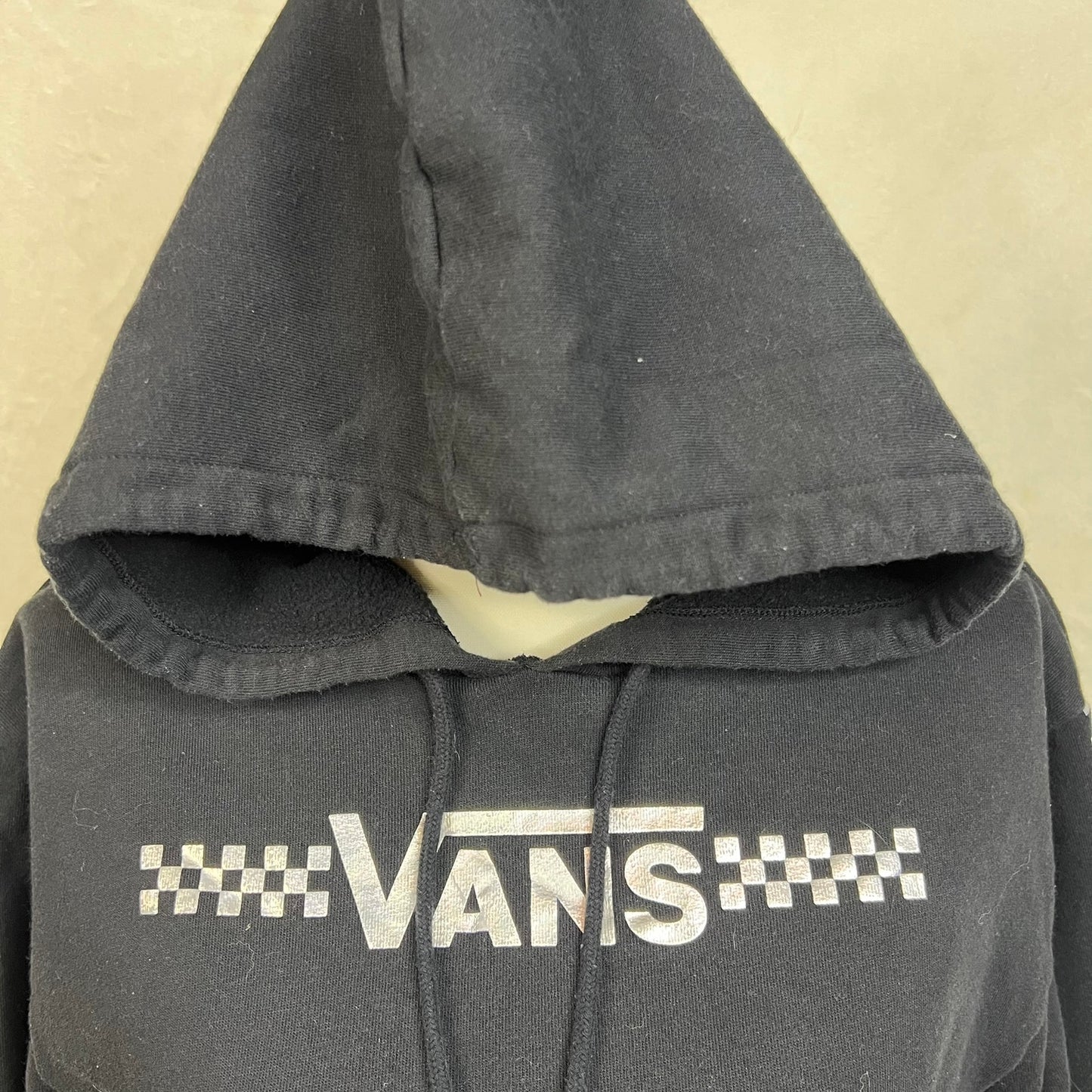 Vans Women's XS Black Shine It Cropped Checkerboard Sleeve Pullover Hoodie