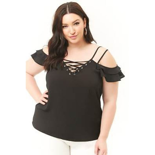 Express Women's Small Black Strappy Open-Shoulder Top Lace-Up Ruffle Blouse