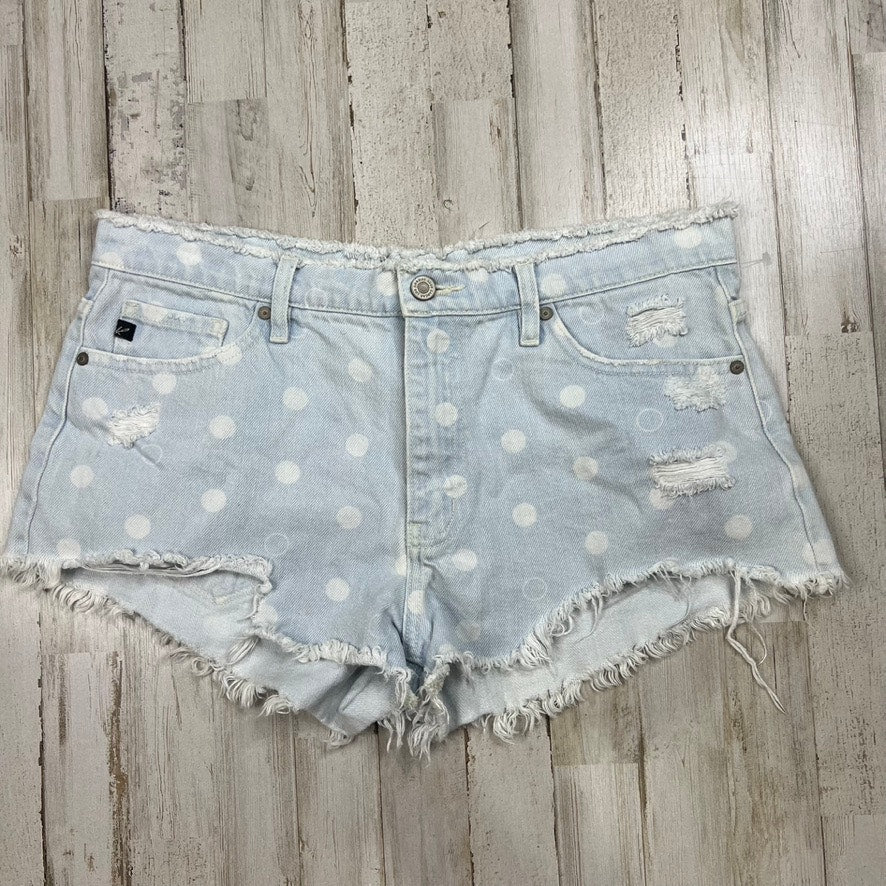 KanCan Women's Mid-Rise Polka Dot Frayed Hem Denim Shorts Size Small Blue