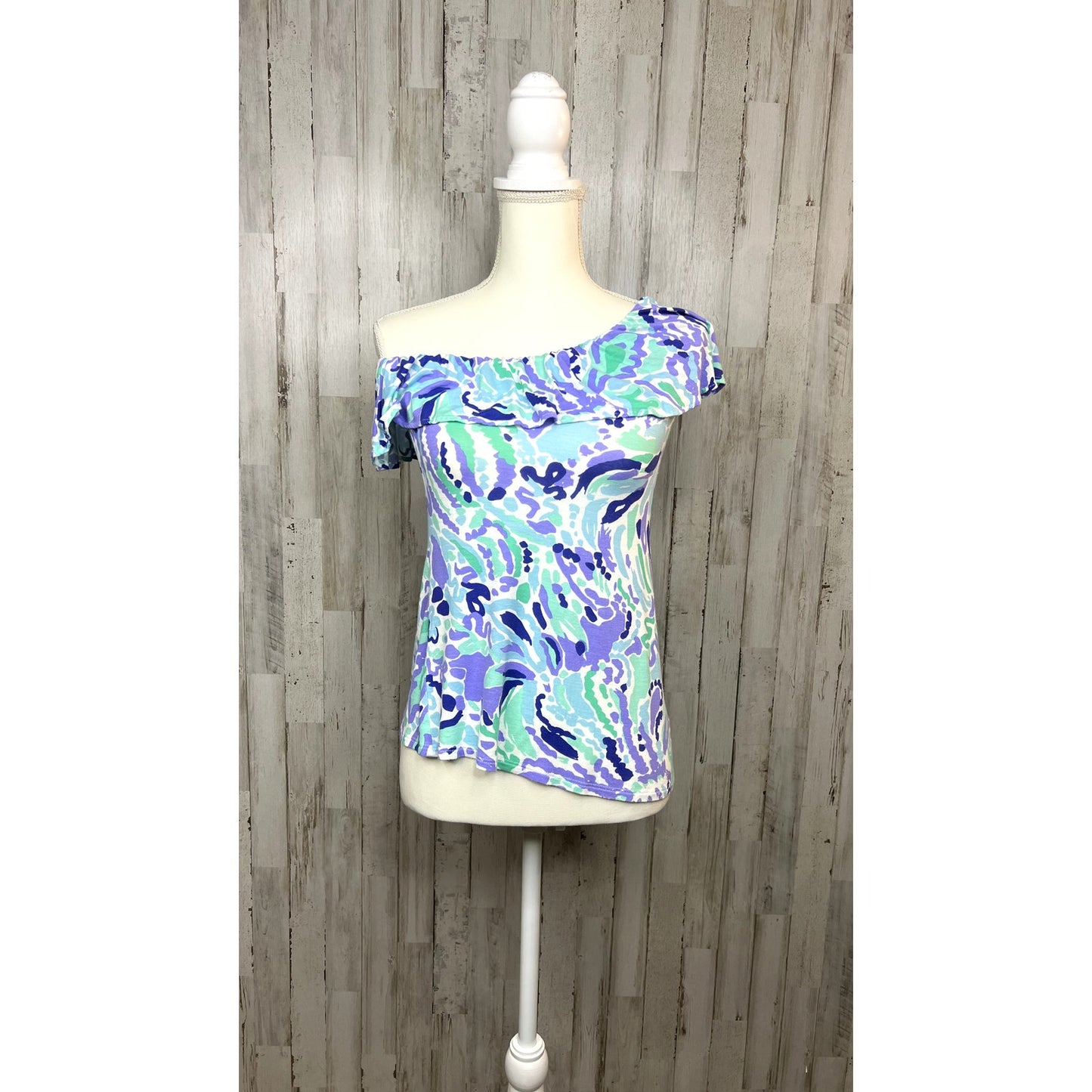 Lilly Pulitzer Women's XS Neveah One Shoulder Top Abstract Print Ruffle Detail