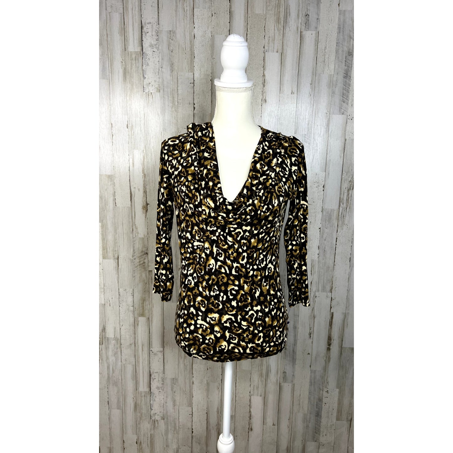 Micheal Kors Women's Small Leopard Print Faux Wrap Long Sleeve V-Neck Blouse