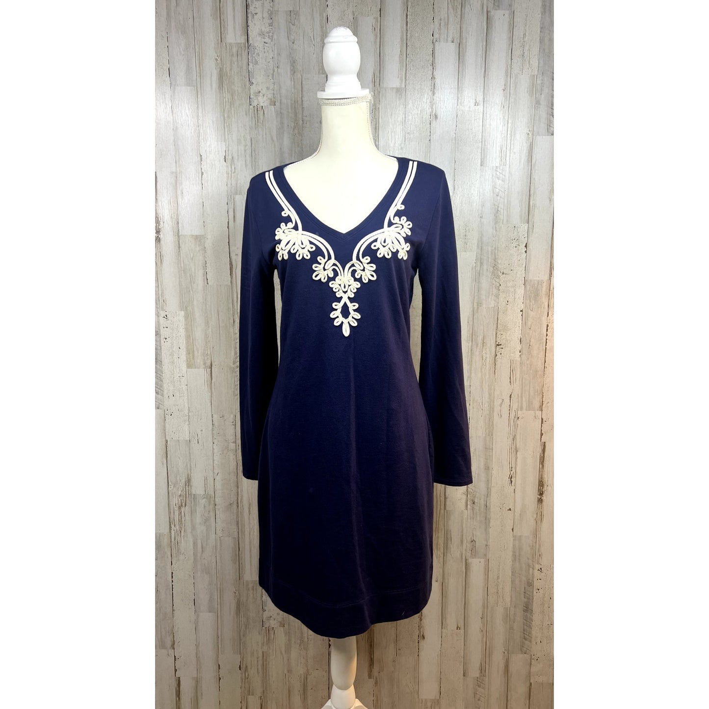 Lilly Pulitzer Women's Medium Marina Dress Navy 3/4 Sleeve V-Neck Shift Dress