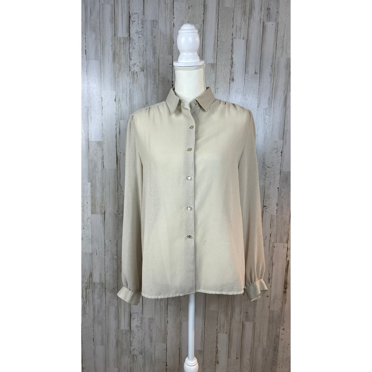 Vintage Chester Weinberg Women's 14 Beige Silk Button-Up Long Sleeve Blouse