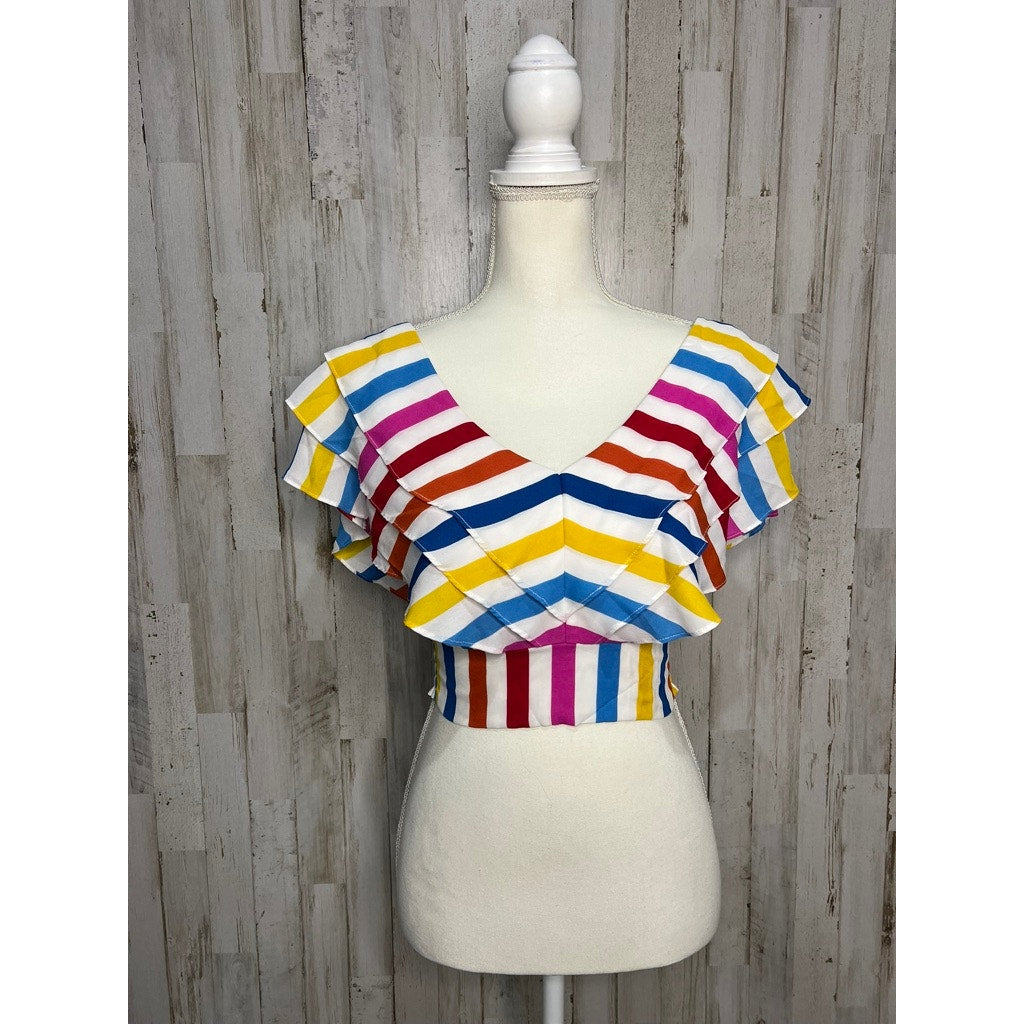 Color Me Courtney Women's Size 0 Rainbow Stripe Holly Ruffle Crop Top