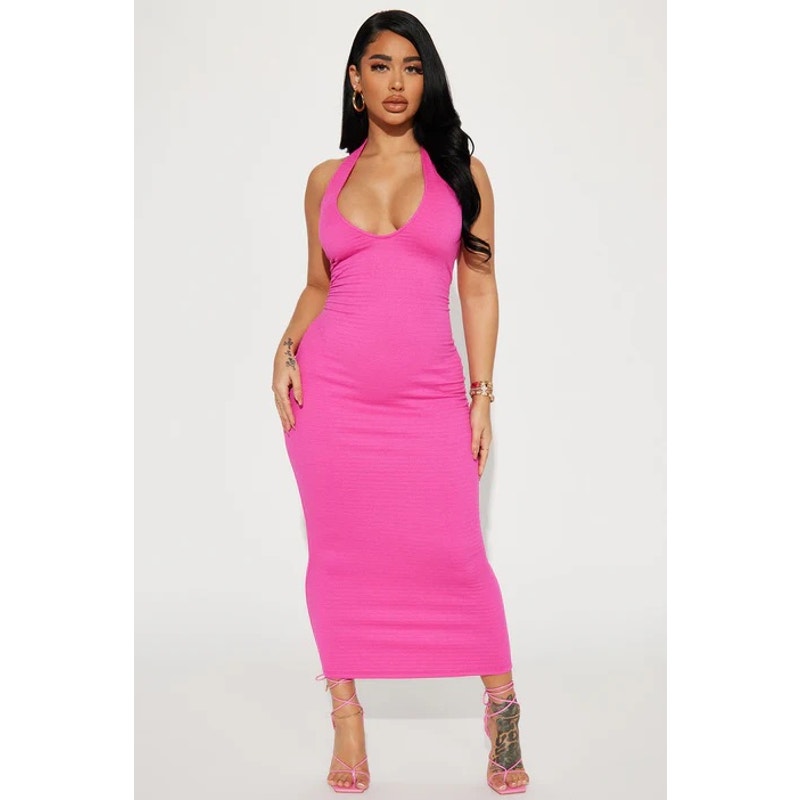 Fashion Nova Women's XL Pink Halter Sleeveless Maxi Dress Party Cocktail