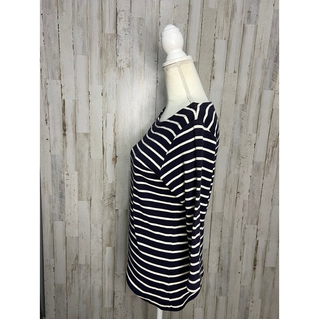 L.L.Bean Women's Medium Navy/White Striped 3/4 Sleeve Boat Neck Blouse