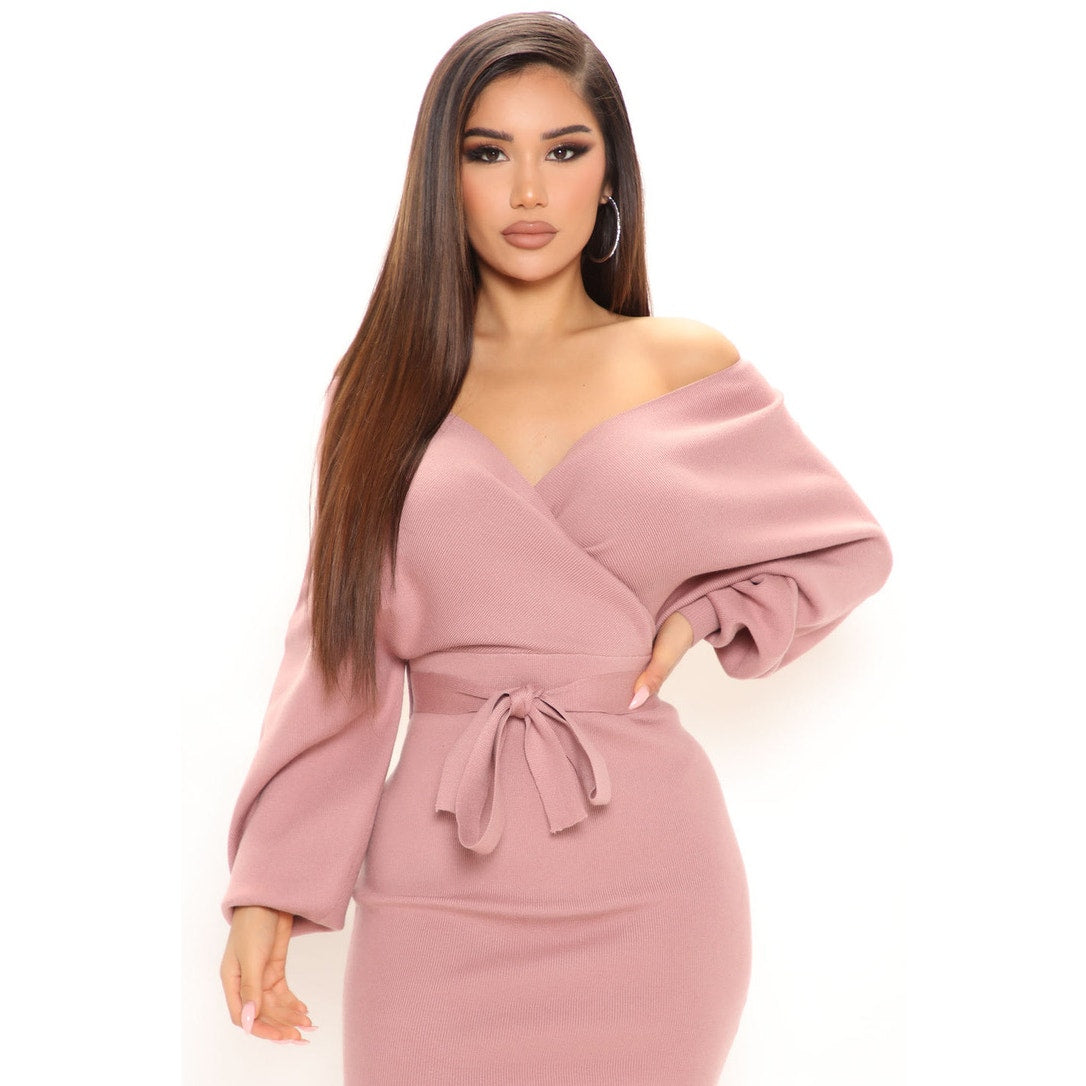 Fashion Nova Women's Mauve Sweater Mini Dress Off Shoulder Size Small