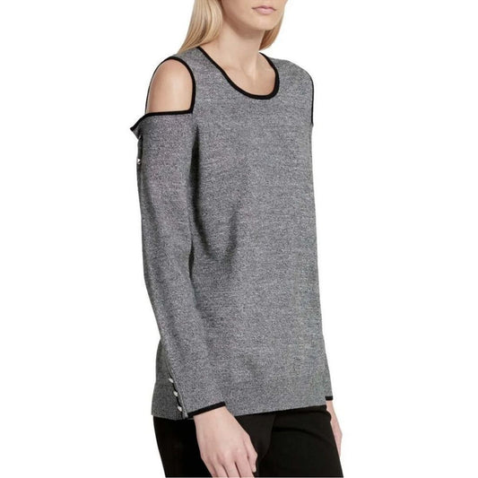 CALVIN KLEIN NEW Women's Gray Contrast-trim Cold-shoulder Sweater Top Size Large