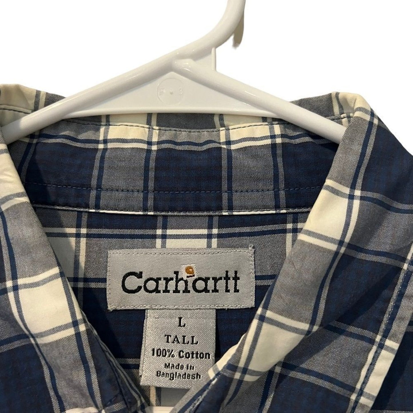 Carhartt Button-Up Shirt Mens Large Tall Navy Blue White Plaid Check Long Sleeve