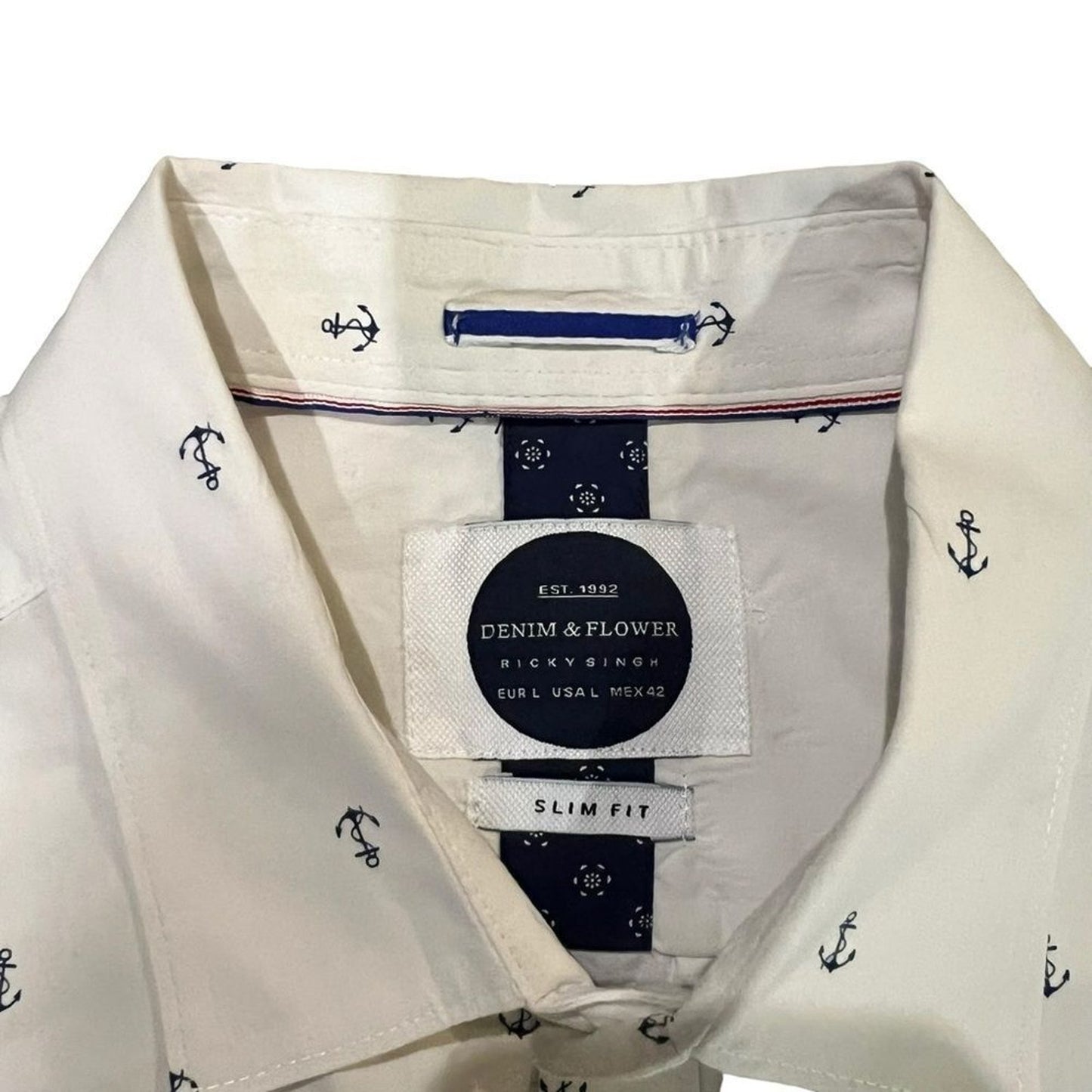 Denim & Flower Ricky Singh Men's Slim Fit Button-Up Shirt White Anchor Large