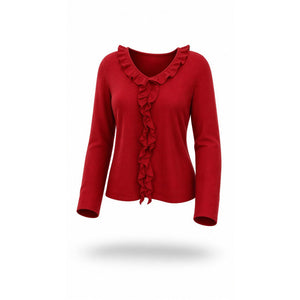 Prive Cashmere Sweater Womens Size M Red Ruffle Trim V-Neck Pullover