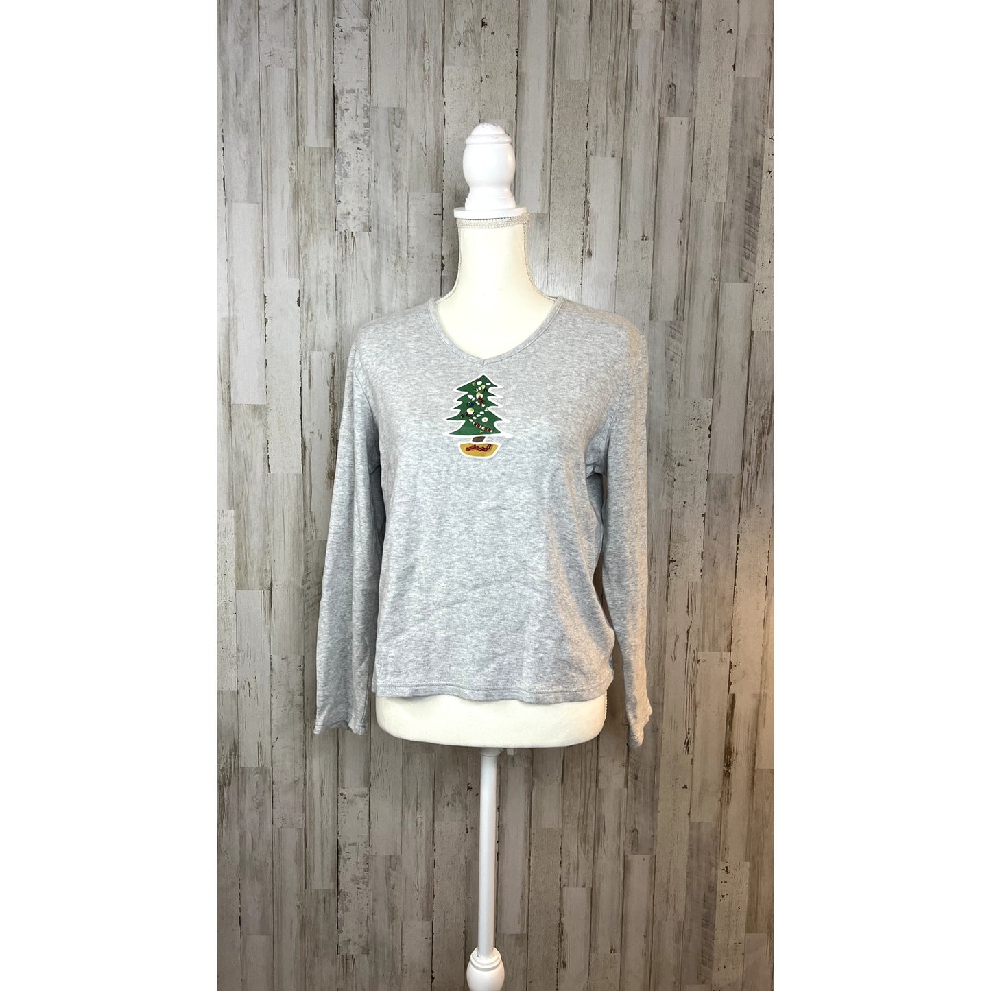 Liz Claiborne Women's XL Gray Holiday Christmas Tree Long Sleeve T-Shirt