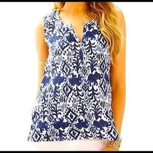 Lilly Pulitzer Women's Small Sleeveless Tank Top Blue & White Elephant Print