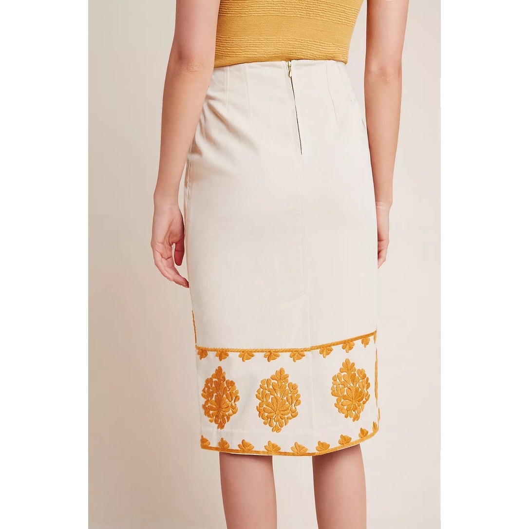 Anthropologie Women's Gold Verona Floral Embroidered Pencil Skirt Size 2