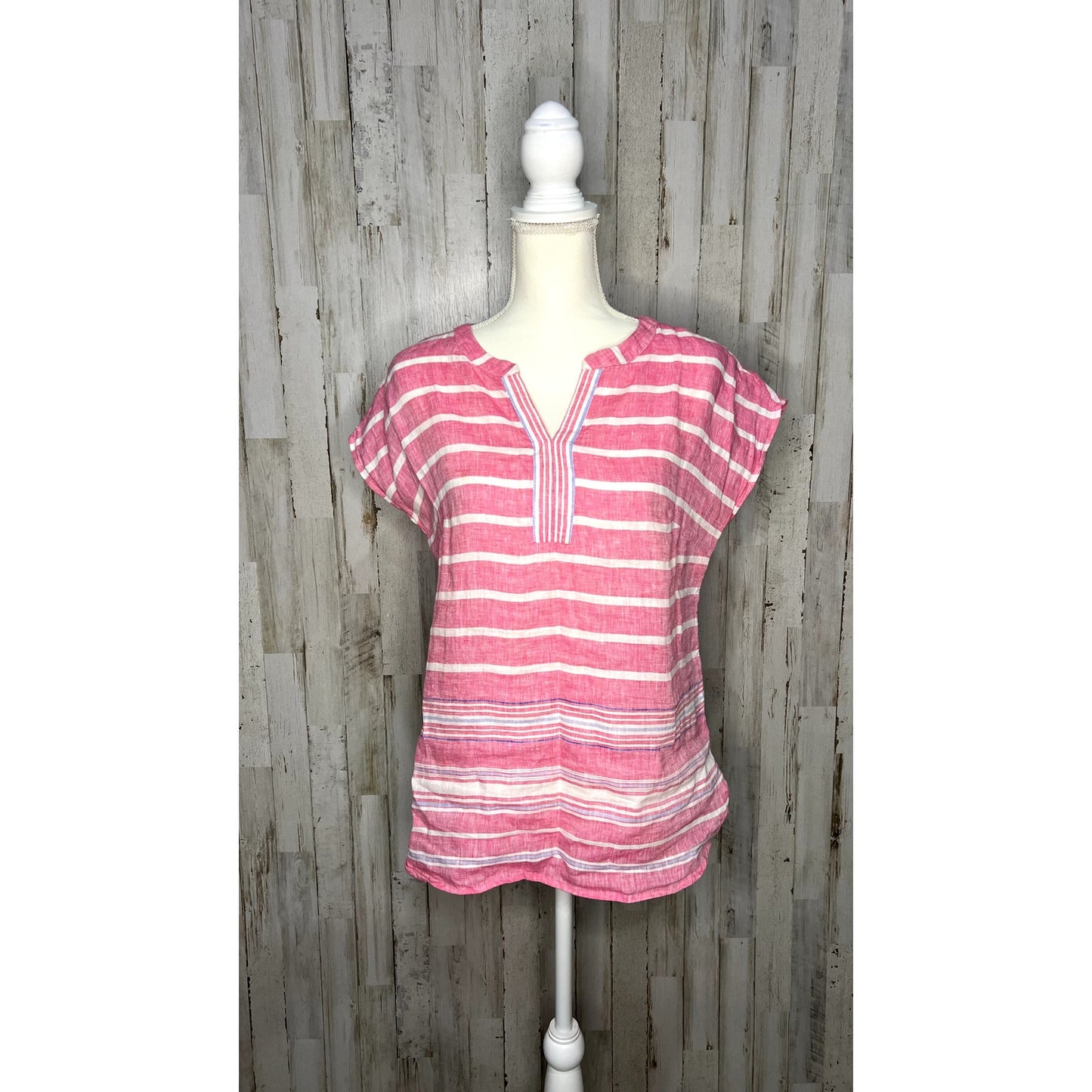 Talbots Women's Petite Pink Striped Linen Blouse Short Sleeve Top Small