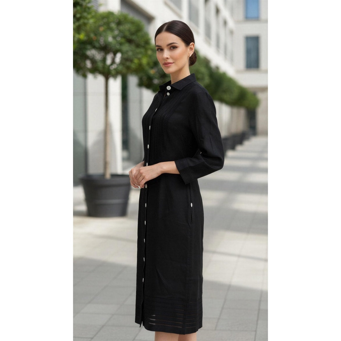 Rena Lange 100% Linen Black Button Front Midi Shirt Dress Size 12