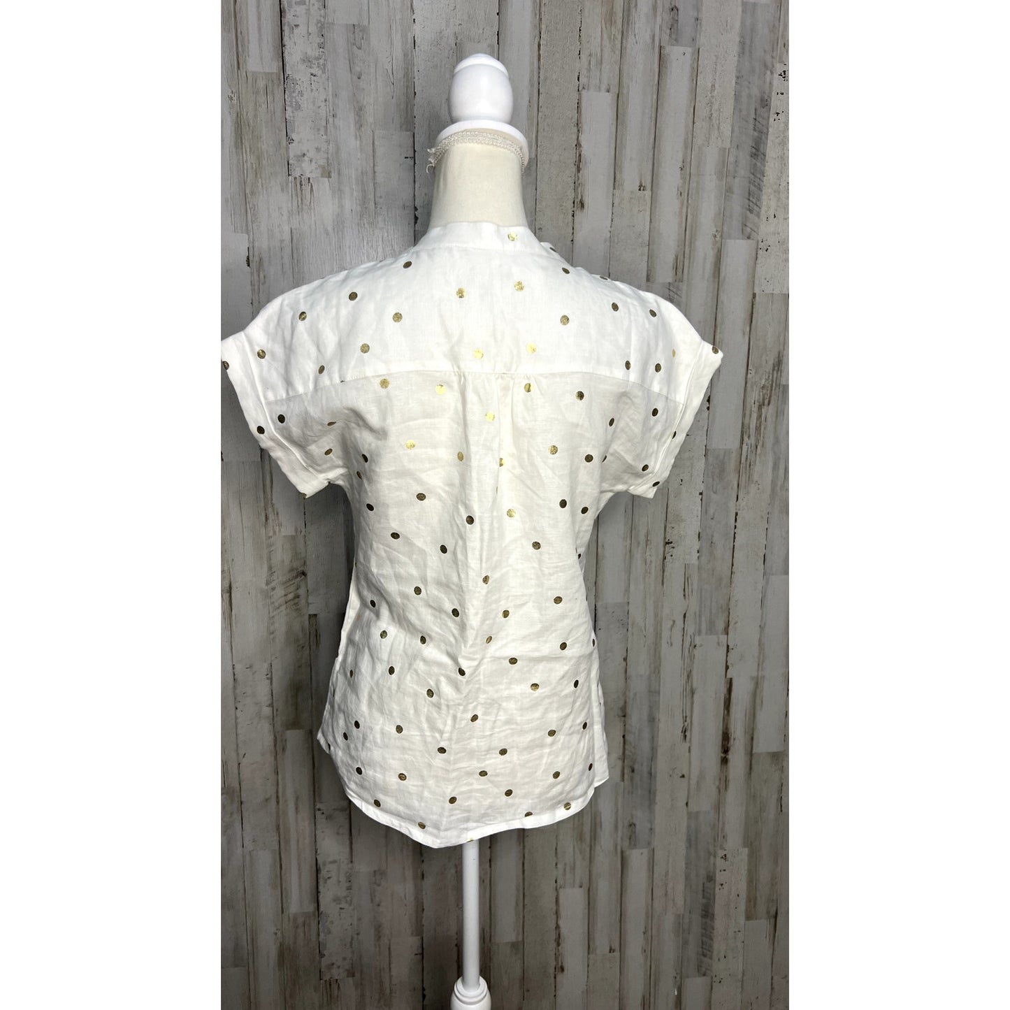 Boden Women's Size 2 Evie Linen Ivory & Gold Polka Dot Button-Up Shirt Casual