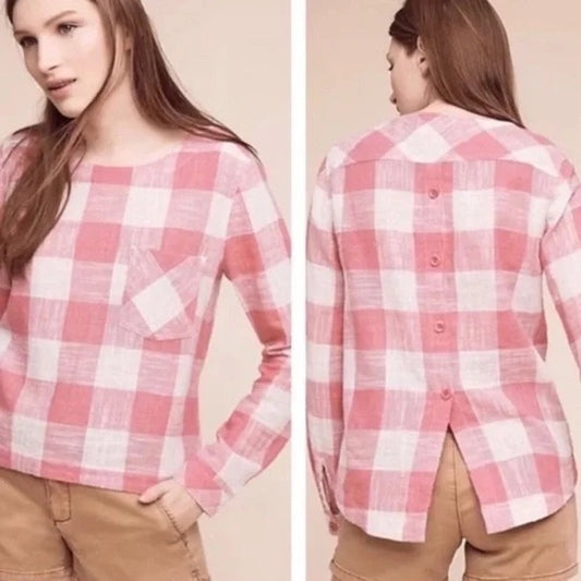 Anthropologie Cloth & Stone Women's XS Pink Gingham Button-Back Blouse