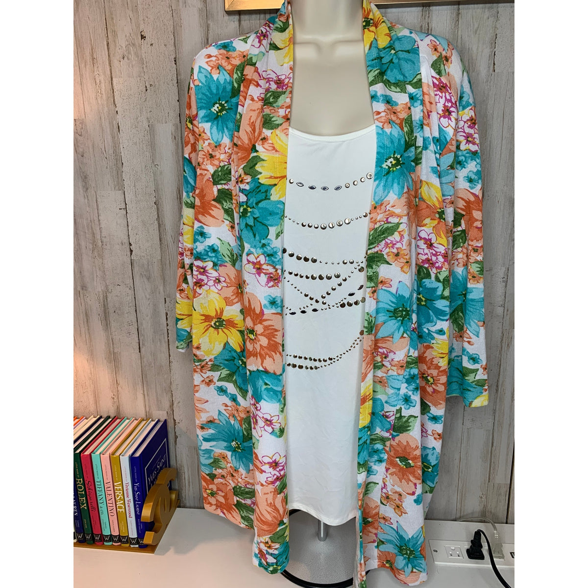 Cathy Daniels Top Womens Plus 1X Multicolor Floral  Open Front Tunic