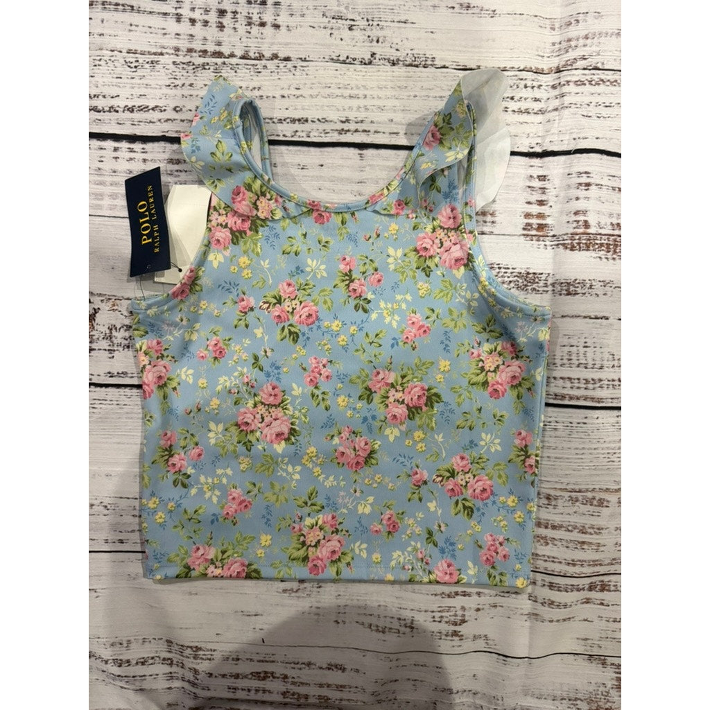 NWT Polo Ralph Lauren Girls' Floral Ruffle Tank Top Blue Size Large 12-14 Casual