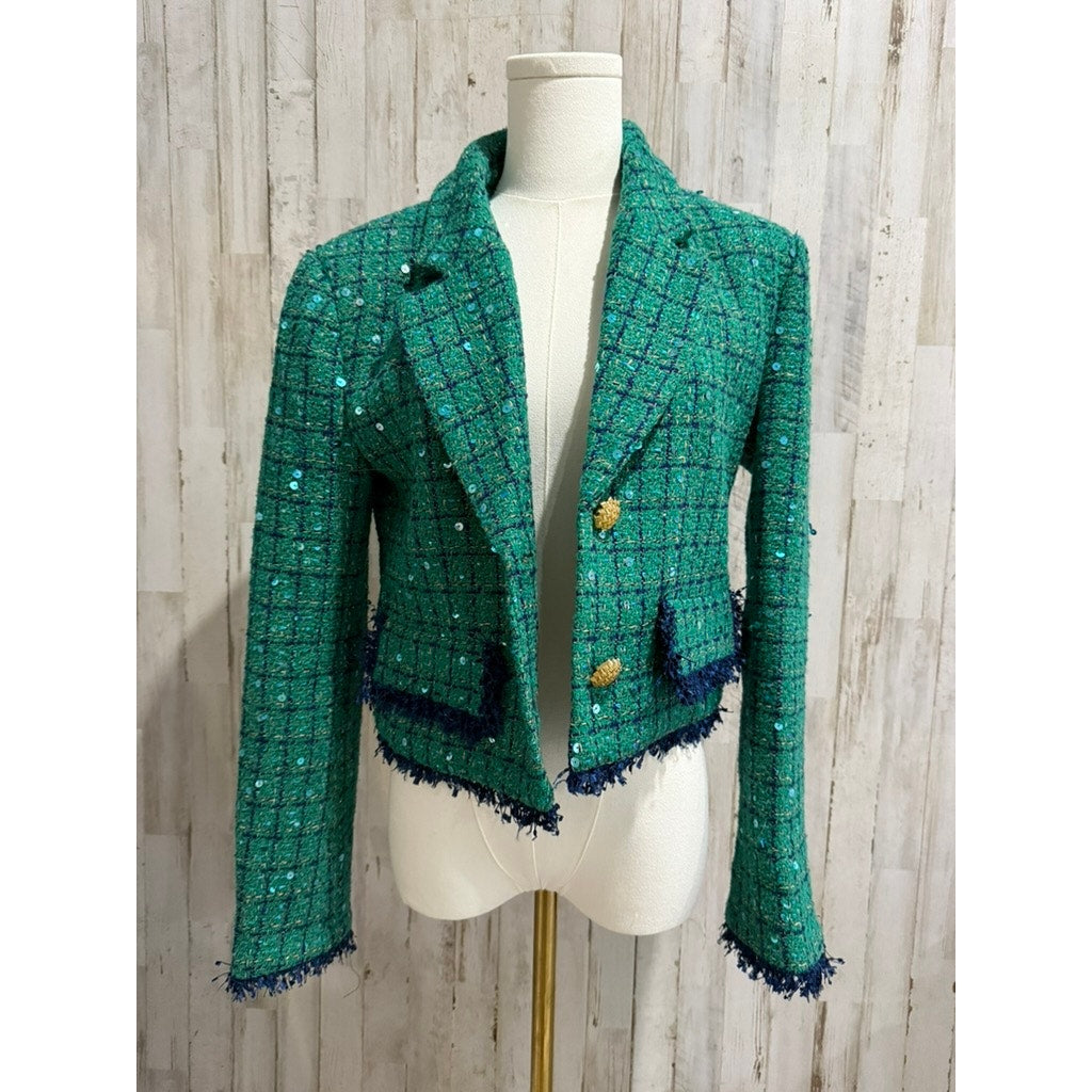 NWT TOCCIN Jacket Womens Size 4 Green Tweed Sequin Cropped Fringe Trim Gold