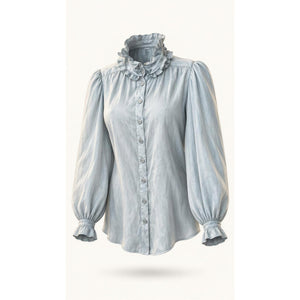 Zadig & Voltaire Blouse Womens Large Light Blue Ruffle Neck Puff Sleeve