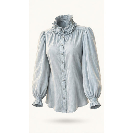 Zadig & Voltaire Blouse Womens Large Light Blue Ruffle Neck Puff Sleeve
