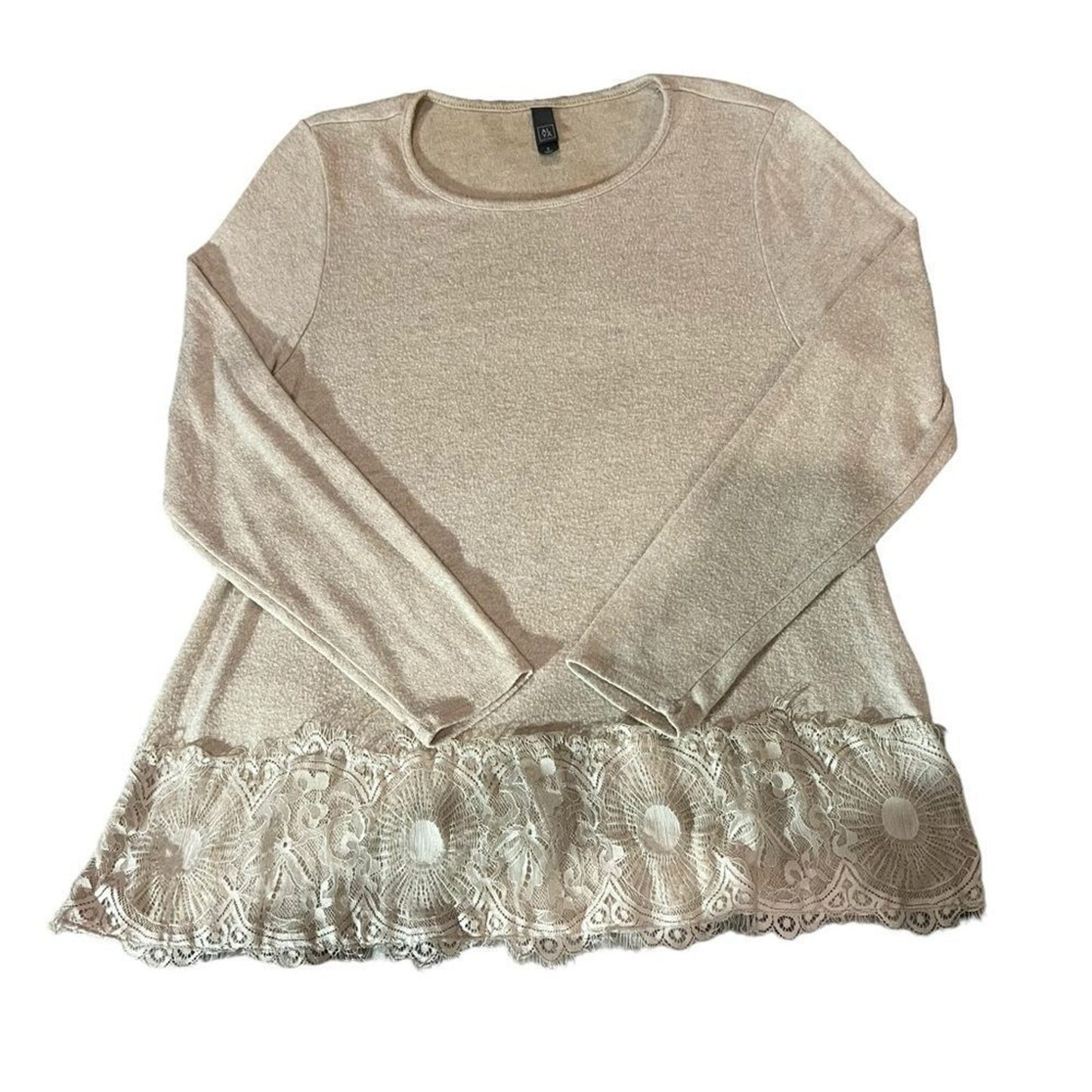 ALYA Blouse Womens Size Small Beige Long Sleeve Scoop Neck Lace Hem Crochet